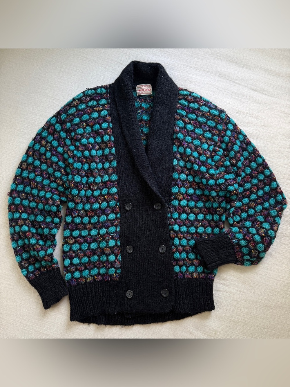 Vintage 80s Wool 3D Bubble Knit Cardigan Mens M/L Turquoise Multicolor